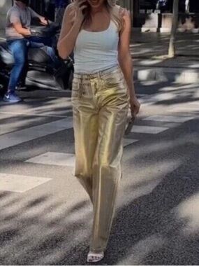 ZARA Gold Foil Metallic High Rise Jeans